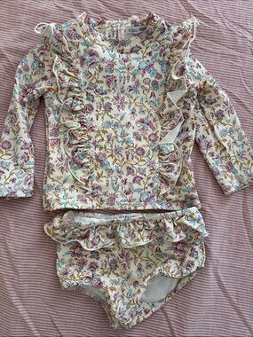 Cream Floral Ruffle Swim Set for Kids